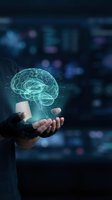 Digital brain hologram floating above open palm with glowing neural networks against blurred technology background for AI and innovation concepts.