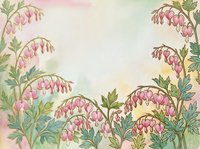 Watercolor bleeding heart flowers framing a soft pastel background, delicate pink blooms with green foliage, vintage botanical art style.