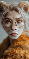 Creative portrait combining feline and human features with round glasses and amber eyes, showcasing artistic digital manipulation in warm ginger tones.