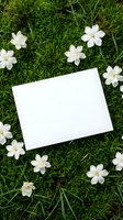 Blank white card surrounded by small white flowers on green grass background for spring greeting cards, invitations, and natural branding mockups.