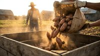 Farmer harvesting fresh potatoes at sunset, pouring vegetables from burlap sack into wooden crates during golden hour on agricultural farm field.