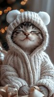 Smiling cat wearing cozy white knitted sweater with bear ears hood against blurred bokeh lights background, expressing contentment and warmth during winter season.