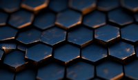 Dark metallic hexagonal pattern with dramatic lighting and shadows creating depth and dimension on geometric honeycomb surface structure.