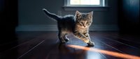 Curious tabby kitten with amber eyes walking across wooden floor in sunlit room, exploring indoor space with playful stance and alert expression.