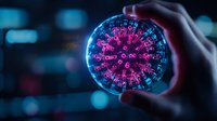 Glowing pink virus cell model in glass sphere held against dark background with blue bokeh lights, scientific visualization for medical research and education.