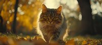 Majestic long-haired tabby cat walking through fallen autumn leaves at golden sunset, backlit with bokeh effect creating dreamy atmosphere in nature setting.