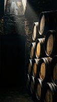 Wooden barrels stacked in dark cellar with dramatic lighting, aged oak containers for wine, whiskey, or spirits aging and storage in winery or distillery environment.