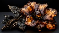 Dramatic metallic copper and black flower sculpture with detailed petals and leaves against dark background, showcasing artistic craftsmanship and modern design aesthetic.