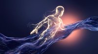 Young male figure composed of glowing golden light particles surfing on digital wave of blue energy, representing innovation, technology, and forward momentum in modern digital transformation.