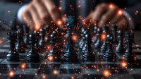 Dark chess pieces on board with magical glowing orange and blue particles floating around creating mystical atmosphere for strategy and game concepts.