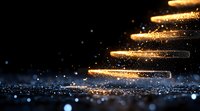 Glowing golden spiral staircase with magical sparkles and light particles floating in dark space, creating mystical atmosphere for fantasy backgrounds.