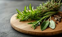 Fresh aromatic herbs and peppercorns on round wooden cutting board against dark stone background, culinary composition for food preparation.