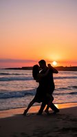 Romantic couple dancing on beach at sunset with golden sky and ocean waves creating intimate silhouette moment for wedding anniversary celebration.
