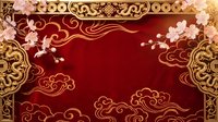 Elegant red and gold Chinese traditional ornamental background with cherry blossoms and decorative borders for luxury design projects and celebrations.