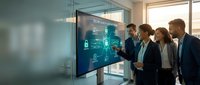 Business team analyzing cybersecurity data on interactive digital display in modern office environment for corporate technology presentations.