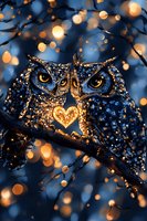 Magical owls in love sharing glowing heart pendant against dark blue night sky with golden bokeh lights and branches, romantic fantasy wildlife illustration.