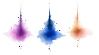 Vibrant watercolor splashes in purple, blue and orange tones with delicate splatters and gradient effects create artistic abstract composition on white background.