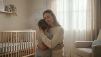 Young Caucasian mother in beige sweater tenderly embracing toddler son in striped shirt in bright nursery room with wooden crib and soft natural lighting.