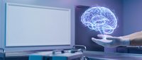 Futuristic holographic brain projection floating above businessman hand in modern office with computer monitor for AI technology presentations.