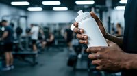 Athlete with dark skin tone holding white water bottle in gym with blurred fitness equipment and people in background during workout session.