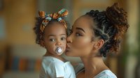 African American mother kissing her baby daughter with curly hair and pacifier, wearing matching head wraps, showing tender family moment in warm lighting.