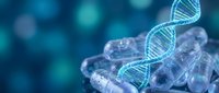 DNA double helix structure floating above molecular compounds in blue scientific laboratory environment for biotechnology research applications.