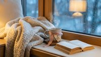 Cozy windowsill scene with a warm mug, open book, and soft blanket on a rainy day, evoking comfort and relaxation at home.