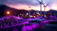 Futuristic digital wave pattern glowing in purple against sunset sky with wind turbines and city lights, representing data visualization and renewable energy concept.