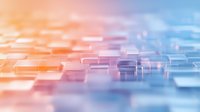 Abstract blurred background with gradient colors from warm orange to cool blue, featuring geometric shapes creating depth and perspective for modern design layouts.