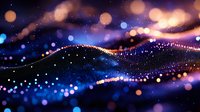 Abstract digital wave with glowing particles and bokeh lights on dark background for technology, data visualization and futuristic design projects.