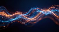 Abstract flowing light trails in blue and orange colors creating dynamic wave patterns against dark background for digital art and technology concepts.
