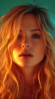Young blonde woman with wavy hair in dramatic orange and teal lighting, close-up portrait showing sensual expression and red lips against dark background.