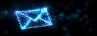 Glowing blue envelope symbol made of sparkles and light particles floating on dark background. Digital communication concept for email marketing and messaging.
