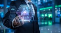 Businessman in suit pressing glowing care button on virtual interface with hexagonal icons, healthcare and support concept.