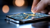 Finger touching smartphone screen with glowing circuit board pattern overlay, bokeh lights in background creating futuristic technology concept.