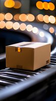 Cardboard package on conveyor belt with blurred bokeh lights background, representing automated logistics and warehouse operations in evening hours.