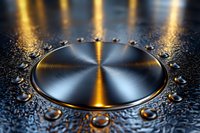 Metallic circular platform with golden light reflections on wet surface surrounded by water droplets creates dramatic technological atmosphere.