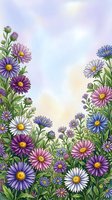 Watercolor aster flowers frame with purple, pink and blue blooms on soft pastel background for greeting cards, invitations and floral designs.