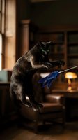 Black cat with striking green eyes playing with blue feather toy in warm, cozy home interior with bookshelves and ambient lighting. Playful pet moment.