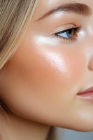 Close-up profile of young Caucasian woman with glowing natural makeup, blonde hair, and blue eyes showcasing radiant healthy skin and flawless complexion.