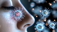Microscopic virus particles floating near woman's face with closed eyes against dark background with bokeh lights, medical science concept for respiratory illness.