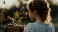Young woman in vintage lace dress with braided updo hairstyle gazes at sunset while holding wicker basket filled with fresh apples in autumn garden setting.