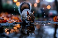 Gray squirrel drinking water from puddle with reflection, autumn leaves and bokeh lights in background, wildlife nature photography in urban park setting.