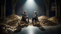 Two business professionals in suits sitting on massive piles of golden coins in atmospheric vault with dramatic lighting from above.