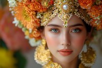 Young woman wearing ornate golden headdress with orange flowers and pearls, bright blue eyes and coral lips, fashion portrait in soft lighting with blurred background.