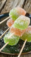 Colorful sugar-coated fruit jelly cubes on wooden skewers, arranged on dark plate against rustic wooden background. Sweet summer dessert treat.