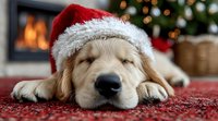 Golden retriever puppy sleeping peacefully in Santa hat by fireplace with Christmas tree in background, creating cozy holiday atmosphere.