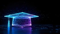 Digital graduation cap made of glowing blue particles and connecting lines on dark background representing online education and academic achievement.