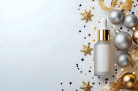 Luxury cosmetic bottle with gold cap surrounded by festive ornaments, stars, and metallic baubles on white background, ideal for beauty product marketing and holiday seasonal campaigns.