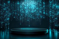 Futuristic round podium with glowing cyan particles falling like digital rain against dark background, creating reflective surface for product display.